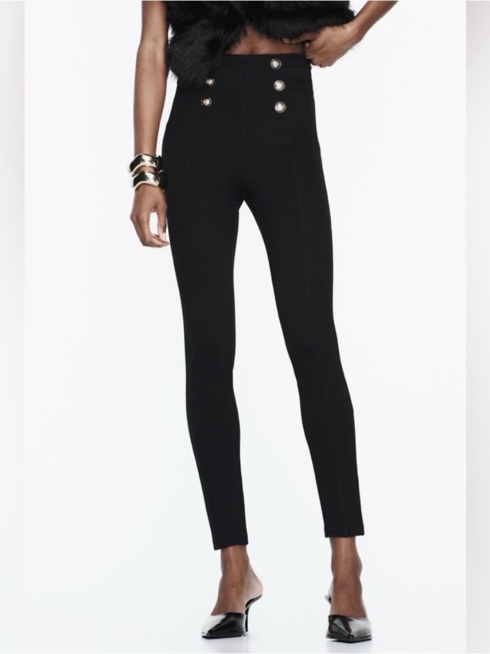 Zara Black High-Waist Leggings with Gold Buttons